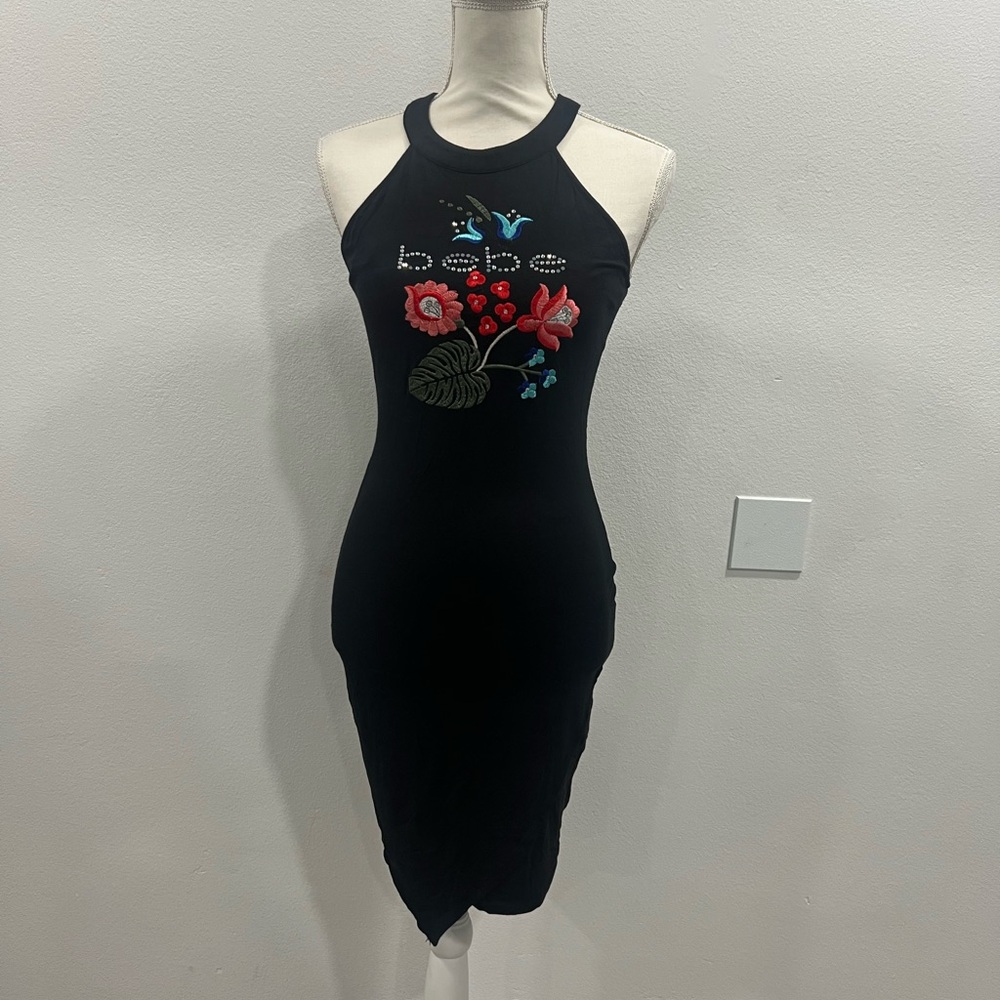 Bebe Black Dress with Colorful Floral Design